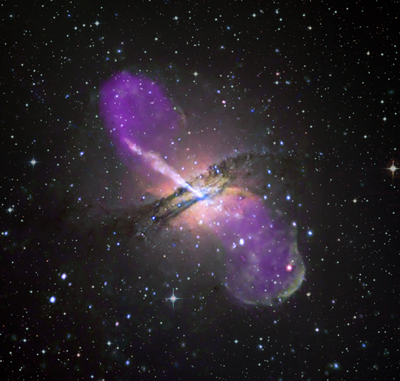 <p>Composite image (X-ray, radio, and optical) of the galaxy Centaurus A, a gamma-ray source located more than thirteen million light-years away, showing a large jet of matter emitted by the active region of the central black hole. <br class='autobr' />
Credits: IAC, NASA, ESA, SSC, CXC and STScI</p>